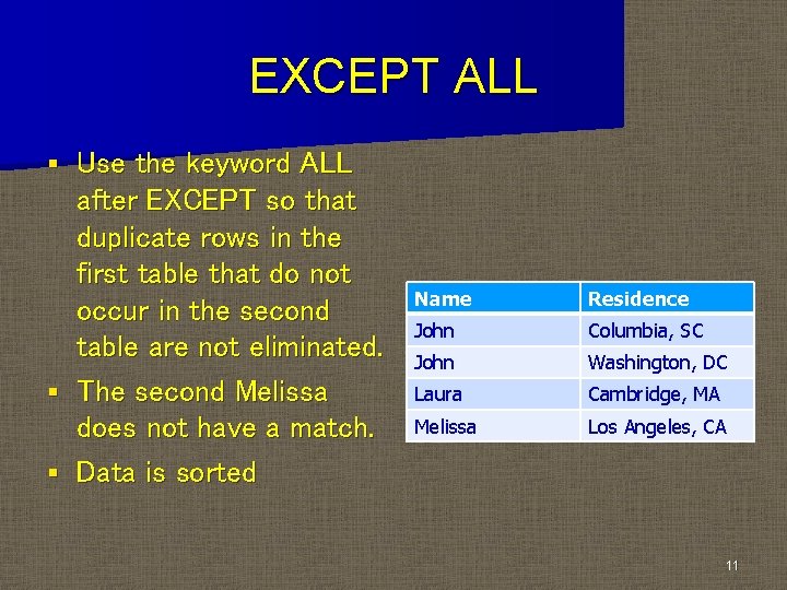 EXCEPT ALL Use the keyword ALL after EXCEPT so that duplicate rows in the