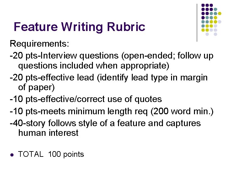 Feature Writing Rubric Requirements: -20 pts-Interview questions (open-ended; follow up questions included when appropriate)