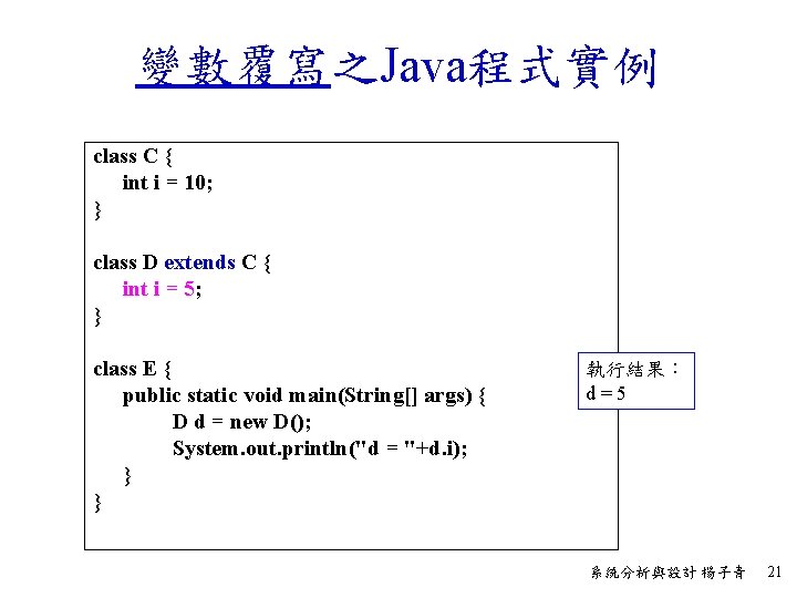 變數覆寫之Java程式實例 class C { int i = 10; } class D extends C {