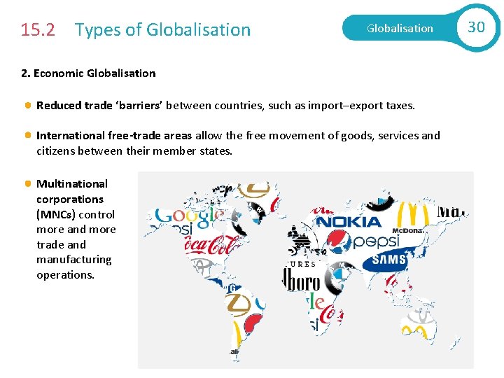 15. 2 Types of Globalisation 2. Economic Globalisation Reduced trade ‘barriers’ between countries, such