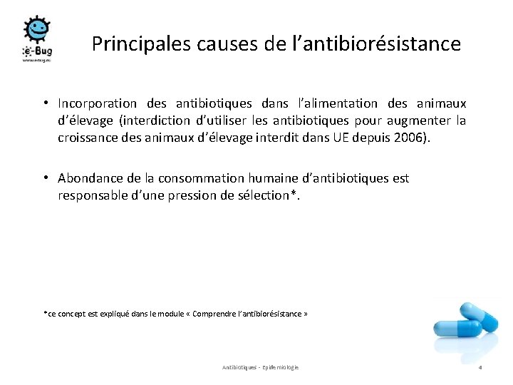 Principales causes de l’antibiorésistance • Incorporation des antibiotiques dans l’alimentation des animaux d’élevage (interdiction