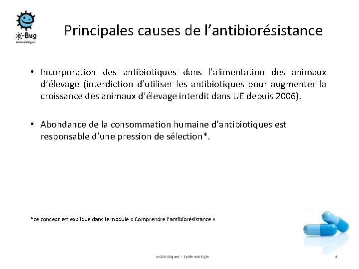 Principales causes de l’antibiorésistance • Incorporation des antibiotiques dans l’alimentation des animaux d’élevage (interdiction Principales causes de l’antibiorésistance • Incorporation des antibiotiques dans l’alimentation des animaux d’élevage (interdiction