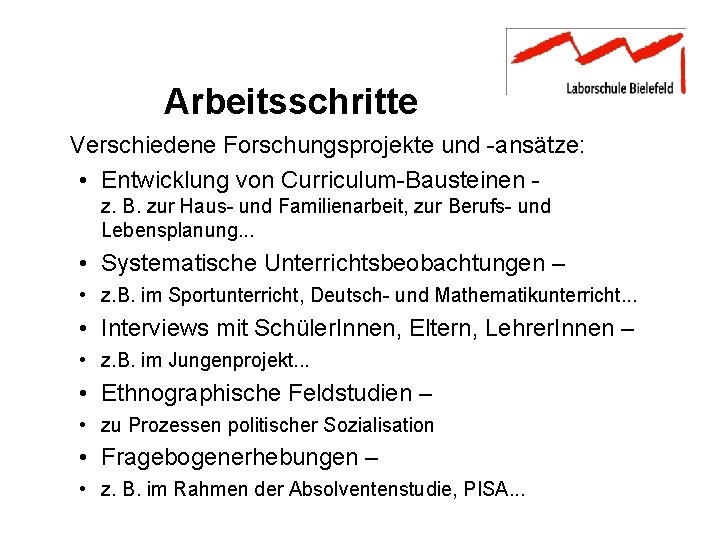 Arbeitsschritte Verschiedene Forschungsprojekte und -ansätze: • Entwicklung von Curriculum-Bausteinen z. B. zur Haus- und