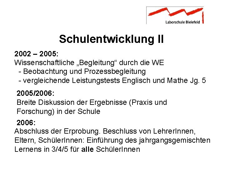 Schulentwicklung II 2002 – 2005: Wissenschaftliche „Begleitung“ durch die WE - Beobachtung und Prozessbegleitung