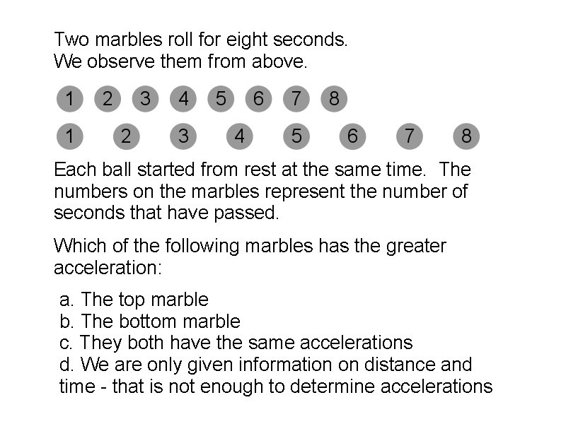 Two marbles roll for eight seconds. We observe them from above. Each ball started