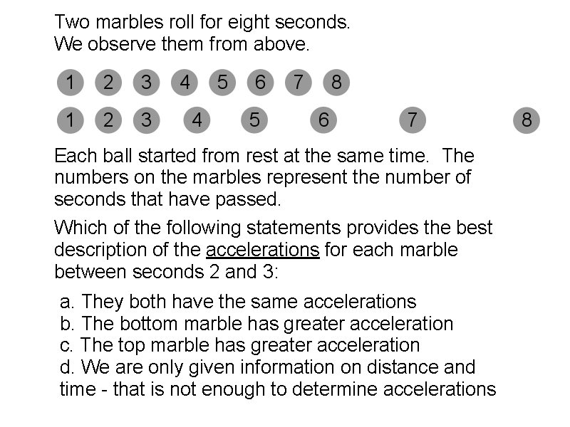 Two marbles roll for eight seconds. We observe them from above. Each ball started