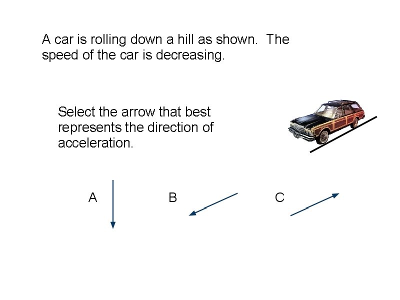 A car is rolling down a hill as shown. The speed of the car