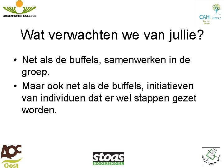 Wat verwachten we van jullie? • Net als de buffels, samenwerken in de groep. Wat verwachten we van jullie? • Net als de buffels, samenwerken in de groep.
