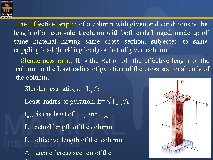  The Effective length: of a column with given end conditions is the length