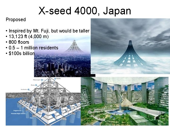 X-seed 4000, Japan Proposed • Inspired by Mt. Fuji, but would be taller • X-seed 4000, Japan Proposed • Inspired by Mt. Fuji, but would be taller •