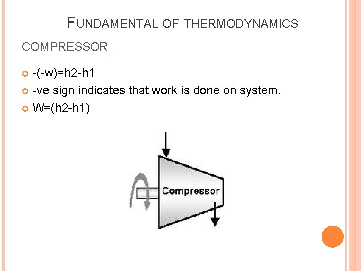 FUNDAMENTAL OF THERMODYNAMICS COMPRESSOR -(-w)=h 2 -h 1 -ve sign indicates that work is FUNDAMENTAL OF THERMODYNAMICS COMPRESSOR -(-w)=h 2 -h 1 -ve sign indicates that work is