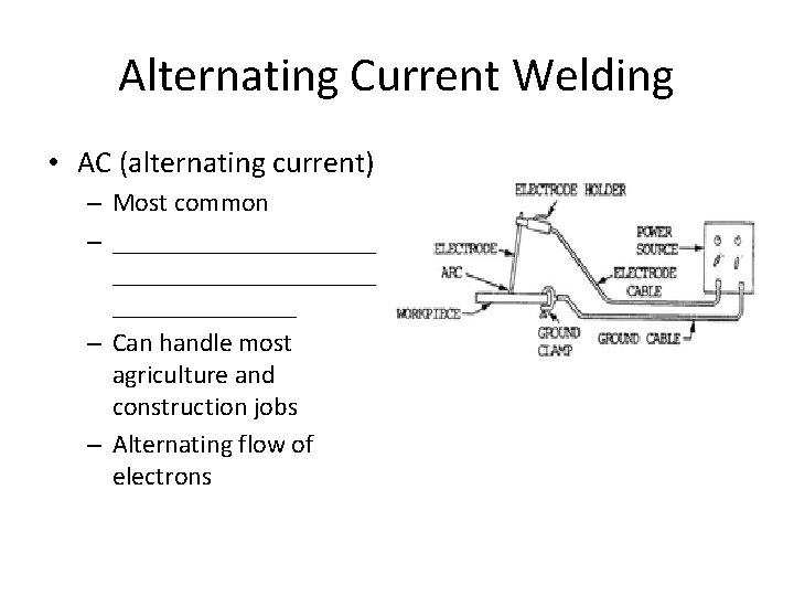 Alternating Current Welding • AC (alternating current) – Most common – ____________________ – Can