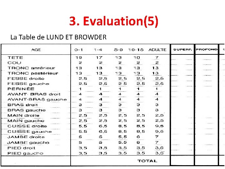 3. Evaluation(5) La Table de LUND ET BROWDER 13 