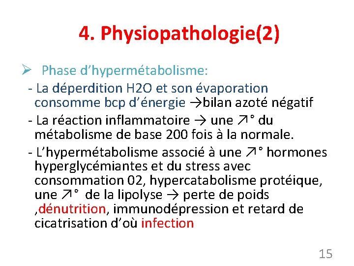 4. Physiopathologie(2) Ø Phase d’hypermétabolisme: - La déperdition H 2 O et son évaporation