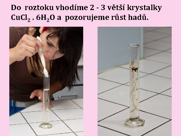 Do roztoku vhodíme 2 - 3 větší krystalky Cu. Cl 2. 6 H 2 Do roztoku vhodíme 2 - 3 větší krystalky Cu. Cl 2. 6 H 2