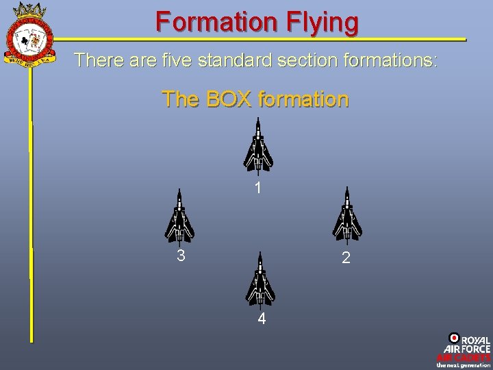 Formation Flying There are five standard section formations: The BOX formation 1 3 2