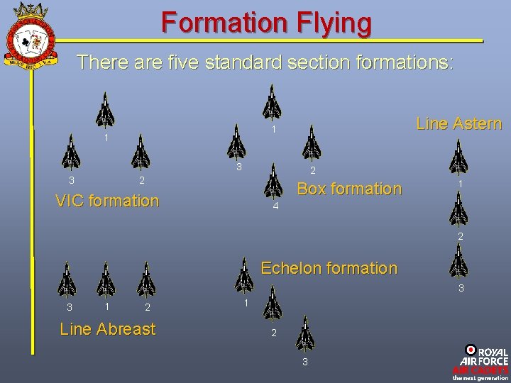 Formation Flying There are five standard section formations: Line Astern 1 1 3 3