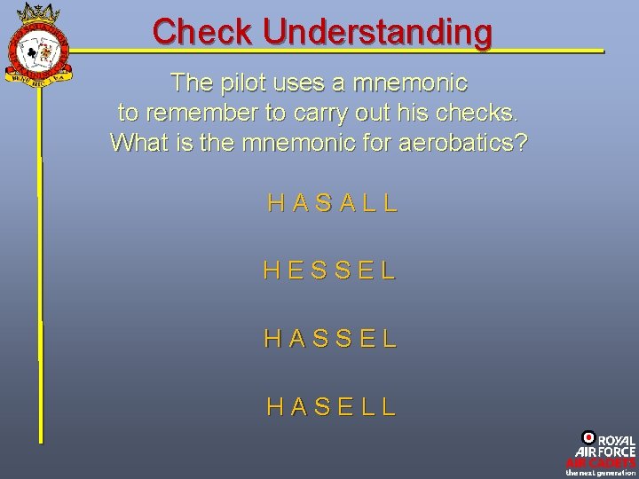 Check Understanding The pilot uses a mnemonic to remember to carry out his checks.
