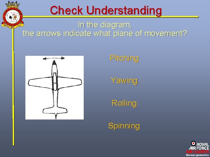 Check Understanding In the diagram, the arrows indicate what plane of movement? Pitching Yawing