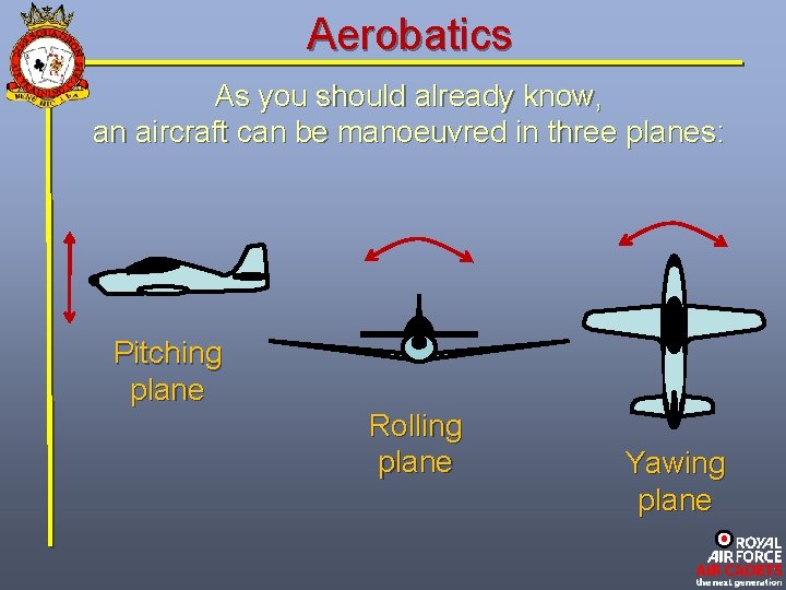 Aerobatics As you should already know, an aircraft can be manoeuvred in three planes: