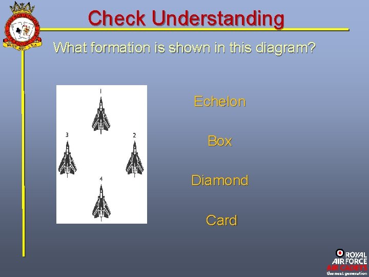 Check Understanding What formation is shown in this diagram? Echelon Box Diamond Card 