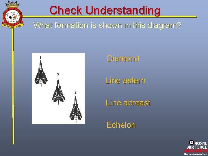 Check Understanding What formation is shown in this diagram? Diamond Line astern Line abreast