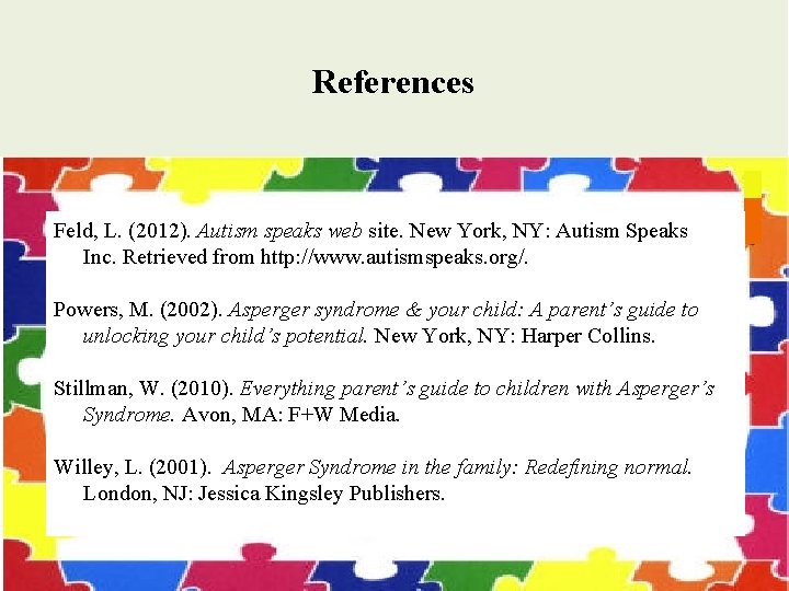 References Feld, L. (2012). Autism speaks web site. New York, NY: Autism Speaks Inc. References Feld, L. (2012). Autism speaks web site. New York, NY: Autism Speaks Inc.