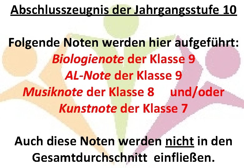 Abschlusszeugnis der Jahrgangsstufe 10 Folgende Noten werden hier aufgeführt: Biologienote der Klasse 9 AL-Note Abschlusszeugnis der Jahrgangsstufe 10 Folgende Noten werden hier aufgeführt: Biologienote der Klasse 9 AL-Note