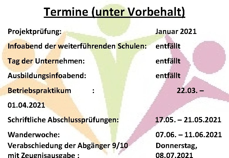 Termine (unter Vorbehalt) Projektprüfung: Januar 2021 Infoabend der weiterführenden Schulen: entfällt Tag der Unternehmen: Termine (unter Vorbehalt) Projektprüfung: Januar 2021 Infoabend der weiterführenden Schulen: entfällt Tag der Unternehmen: