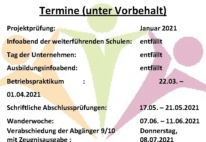 Termine (unter Vorbehalt) Projektprüfung: Januar 2021 Infoabend der weiterführenden Schulen: entfällt Tag der Unternehmen: