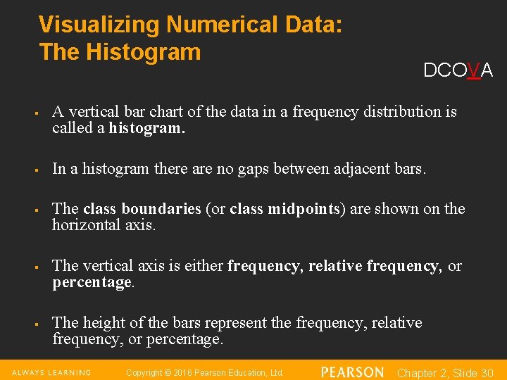 Visualizing Numerical Data: The Histogram § § § DCOVA A vertical bar chart of