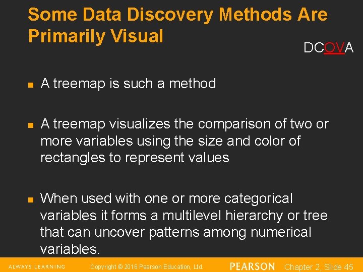 Some Data Discovery Methods Are Primarily Visual DCOVA n n n A treemap is