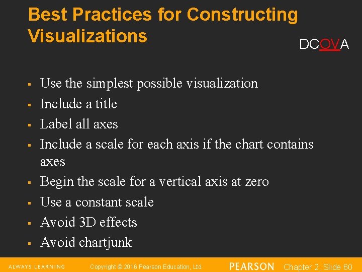 Best Practices for Constructing Visualizations DCOVA § § § § Use the simplest possible