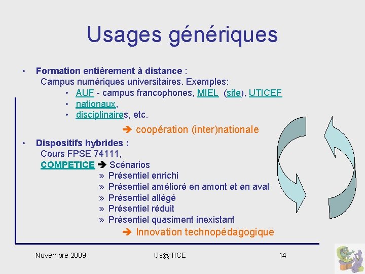 Usages génériques • Formation entièrement à distance : Campus numériques universitaires. Exemples: • AUF