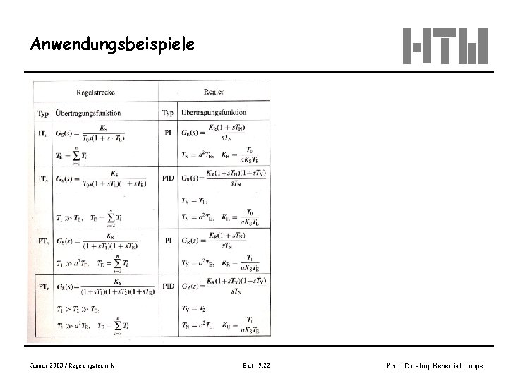 Anwendungsbeispiele Tabelle 10. 5 -2, Wendt, S. 433 Januar 2003 / Regelungstechnik Blatt 9.