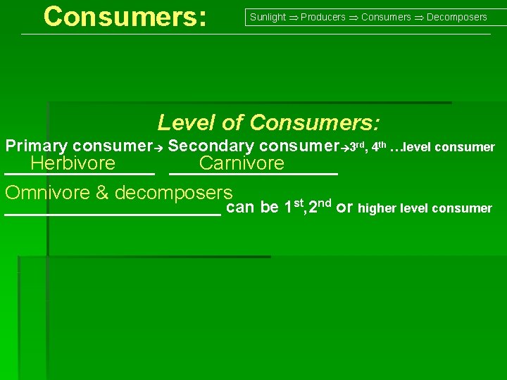 Consumers: Sunlight Producers Consumers Decomposers Level of Consumers: Primary consumer Secondary consumer 3 rd, Consumers: Sunlight Producers Consumers Decomposers Level of Consumers: Primary consumer Secondary consumer 3 rd,