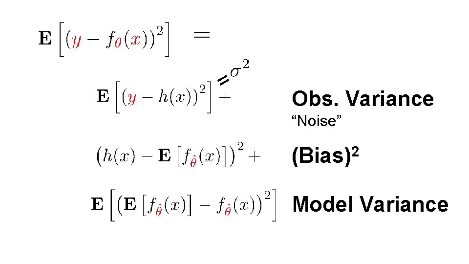 = Obs. Variance “Noise” (Bias)2 Model Variance = Obs. Variance “Noise” (Bias)2 Model Variance