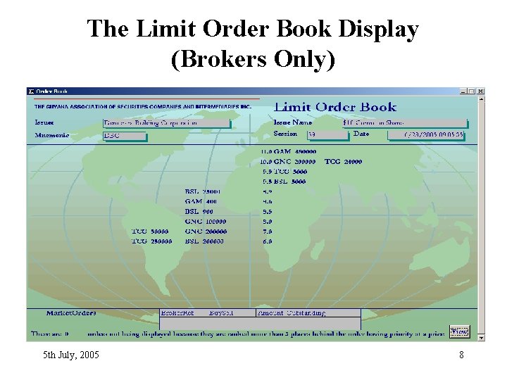 The Limit Order Book Display (Brokers Only) 5 th July, 2005 8 The Limit Order Book Display (Brokers Only) 5 th July, 2005 8
