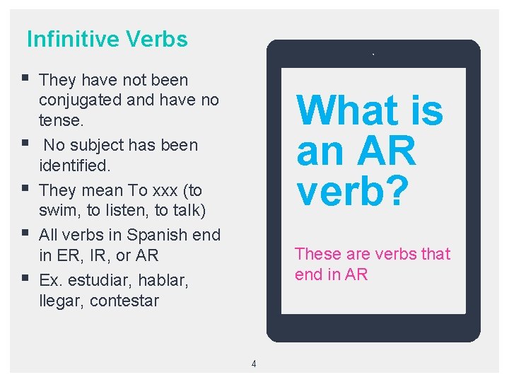 Infinitive Verbs § § § They have not been conjugated and have no tense.