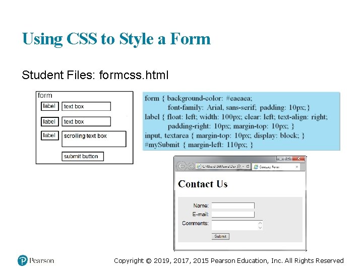 Using CSS to Style a Form Student Files: formcss. html Copyright © 2019, 2017,