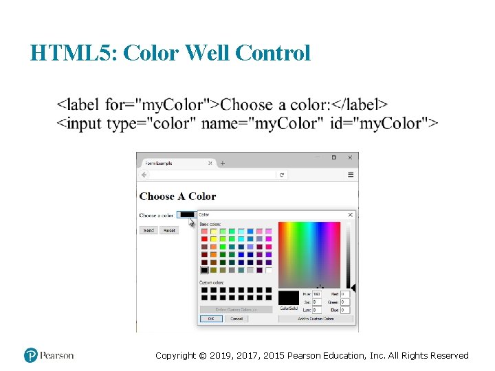 HTML 5: Color Well Control Copyright © 2019, 2017, 2015 Pearson Education, Inc. All