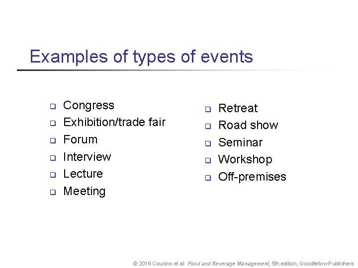 Examples of types of events q q q Congress Exhibition/trade fair Forum Interview Lecture Examples of types of events q q q Congress Exhibition/trade fair Forum Interview Lecture
