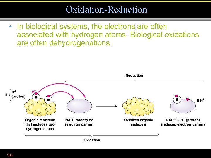 Oxidation-Reduction • In biological systems, the electrons are often associated with hydrogen atoms. Biological