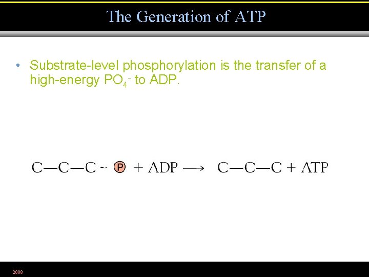 The Generation of ATP • Substrate-level phosphorylation is the transfer of a high-energy PO