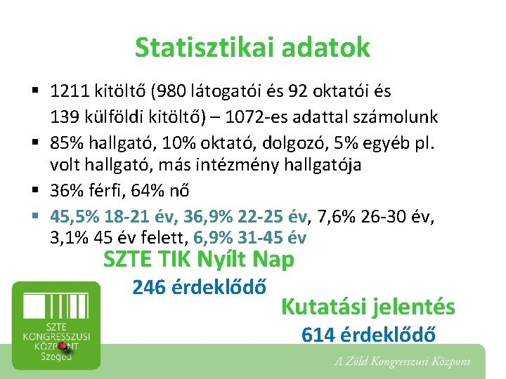 Statisztikai adatok § 1211 kitöltő (980 látogatói és 92 oktatói és 139 külföldi kitöltő)