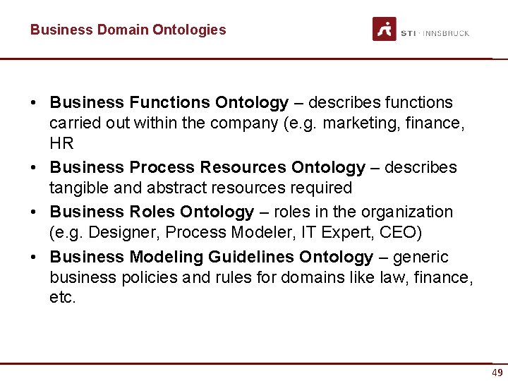 Business Domain Ontologies • Business Functions Ontology – describes functions carried out within the