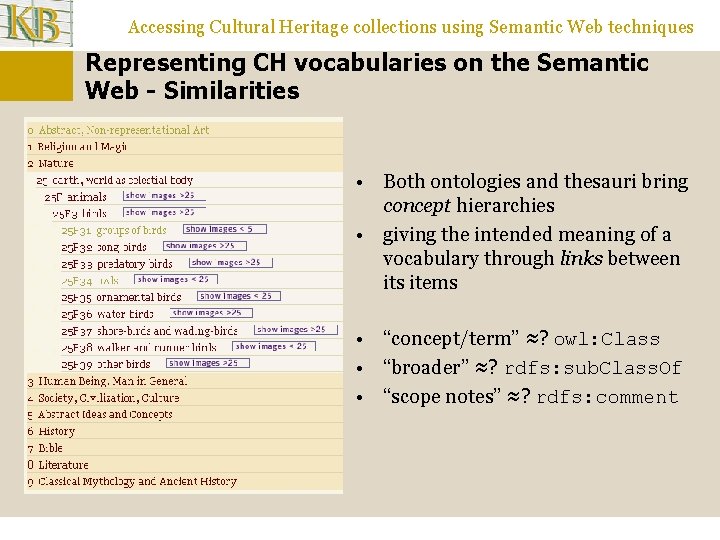 Accessing Cultural Heritage collections using Semantic Web techniques Representing CH vocabularies on the Semantic