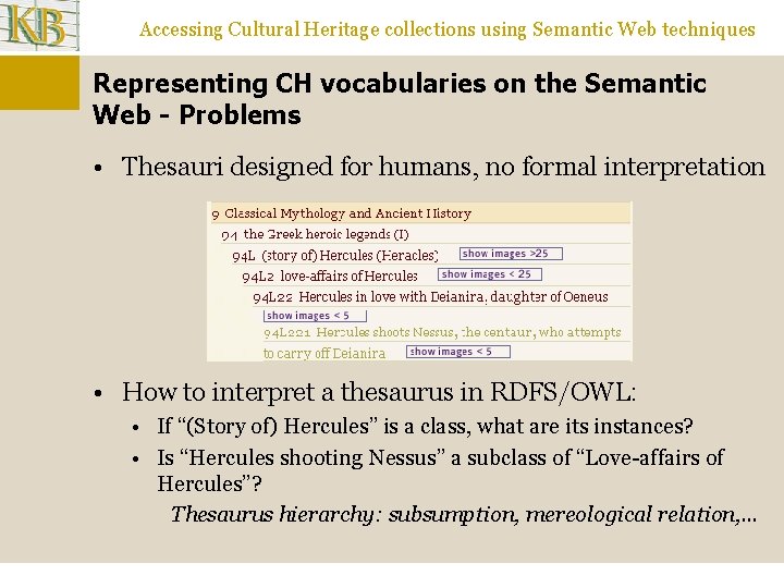 Accessing Cultural Heritage collections using Semantic Web techniques Representing CH vocabularies on the Semantic