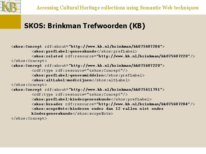 Accessing Cultural Heritage collections using Semantic Web techniques SKOS: Brinkman Trefwoorden (KB) <skos: Concept