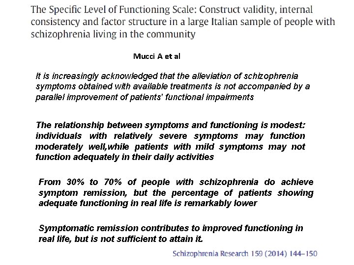 Mucci A et al It is increasingly acknowledged that the alleviation of schizophrenia symptoms